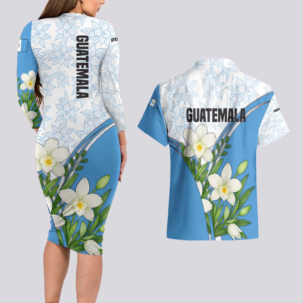 Guatemala White Monja Blanca Flower Couples Matching Long Sleeve Bodycon Dress and Hawaiian Shirt with Blue Flag Theme and Floral Pattern Design - Wonder Print Shop
