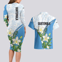 Guatemala White Monja Blanca Flower Couples Matching Long Sleeve Bodycon Dress and Hawaiian Shirt with Blue Flag Theme and Floral Pattern Design - Wonder Print Shop