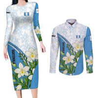 Guatemala White Monja Blanca Flower Couples Matching Long Sleeve Bodycon Dress and Long Sleeve Button Shirt with Blue Flag Theme and Floral Pattern Design - Wonder Print Shop