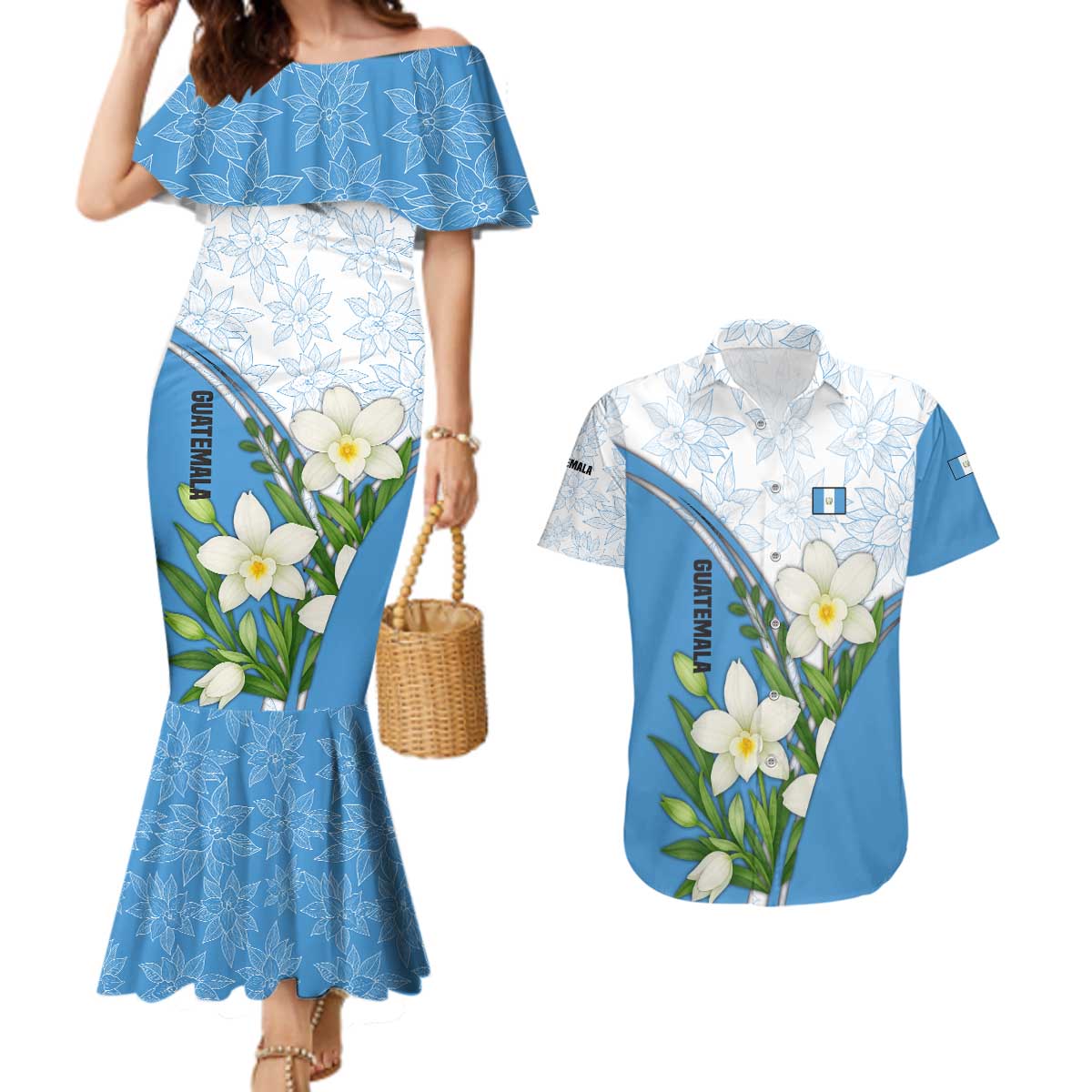 Guatemala White Monja Blanca Flower Couples Matching Mermaid Dress and Hawaiian Shirt with Blue Flag Theme and Floral Pattern Design - Wonder Print Shop