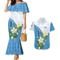Guatemala White Monja Blanca Flower Couples Matching Mermaid Dress and Hawaiian Shirt with Blue Flag Theme and Floral Pattern Design - Wonder Print Shop