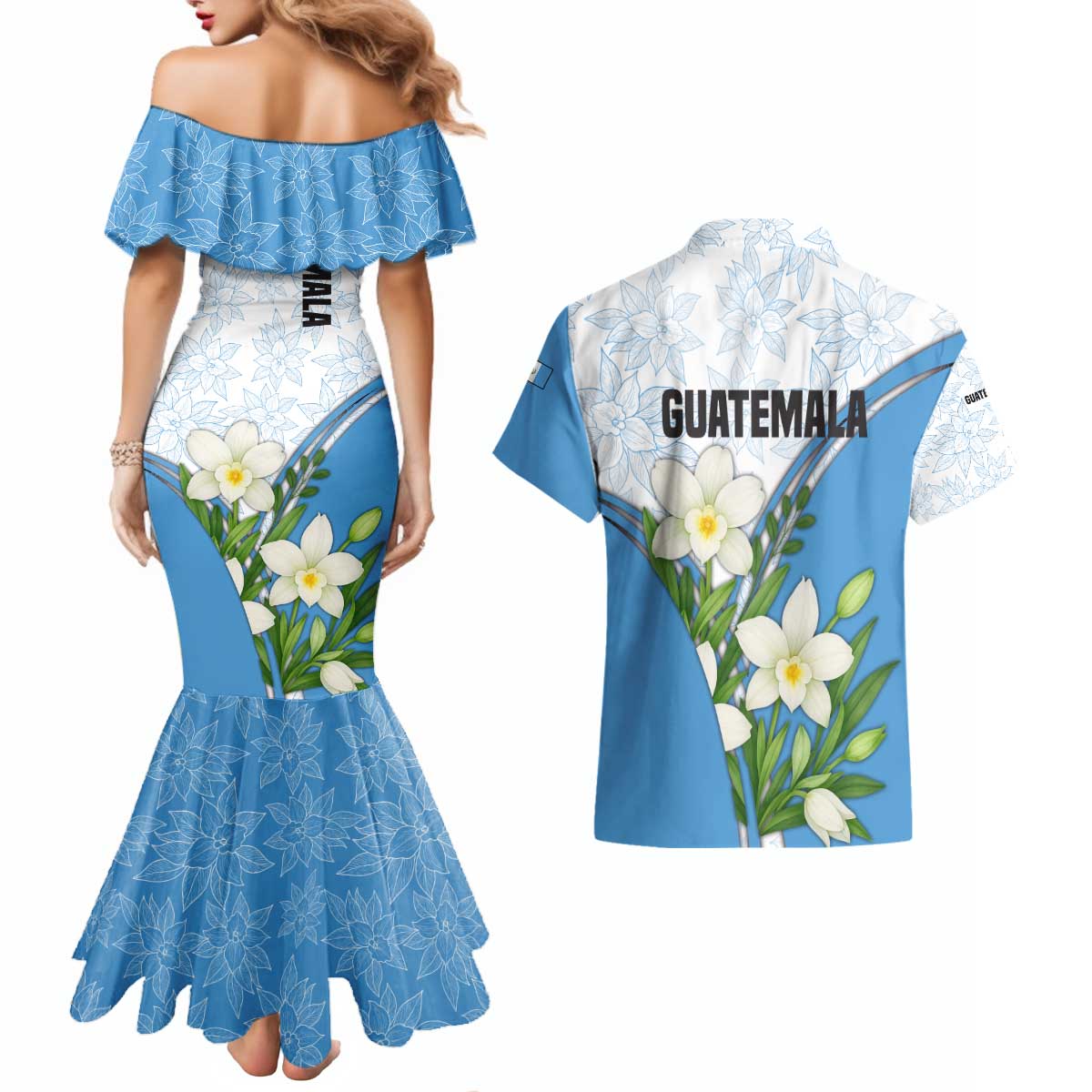 Guatemala White Monja Blanca Flower Couples Matching Mermaid Dress and Hawaiian Shirt with Blue Flag Theme and Floral Pattern Design - Wonder Print Shop