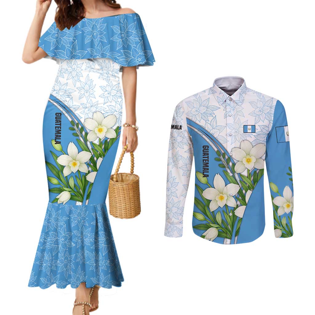 Guatemala White Monja Blanca Flower Couples Matching Mermaid Dress and Long Sleeve Button Shirt with Blue Flag Theme and Floral Pattern Design - Wonder Print Shop
