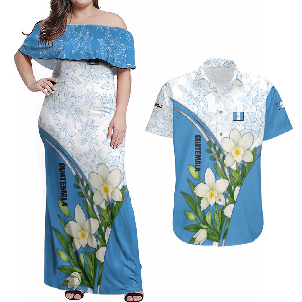 Guatemala White Monja Blanca Flower Couples Matching Off Shoulder Maxi Dress and Hawaiian Shirt with Blue Flag Theme and Floral Pattern Design - Wonder Print Shop