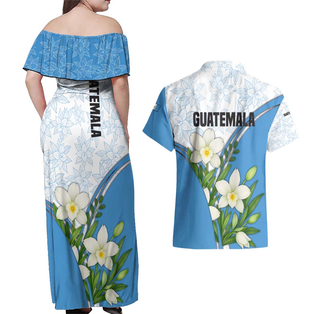 Guatemala White Monja Blanca Flower Couples Matching Off Shoulder Maxi Dress and Hawaiian Shirt with Blue Flag Theme and Floral Pattern Design - Wonder Print Shop