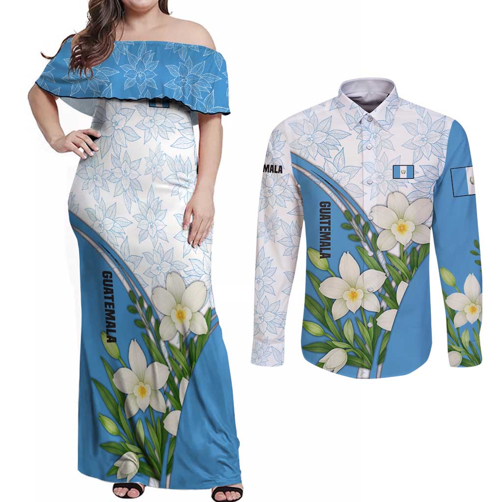 Guatemala White Monja Blanca Flower Couples Matching Off Shoulder Maxi Dress and Long Sleeve Button Shirt with Blue Flag Theme and Floral Pattern Design - Wonder Print Shop