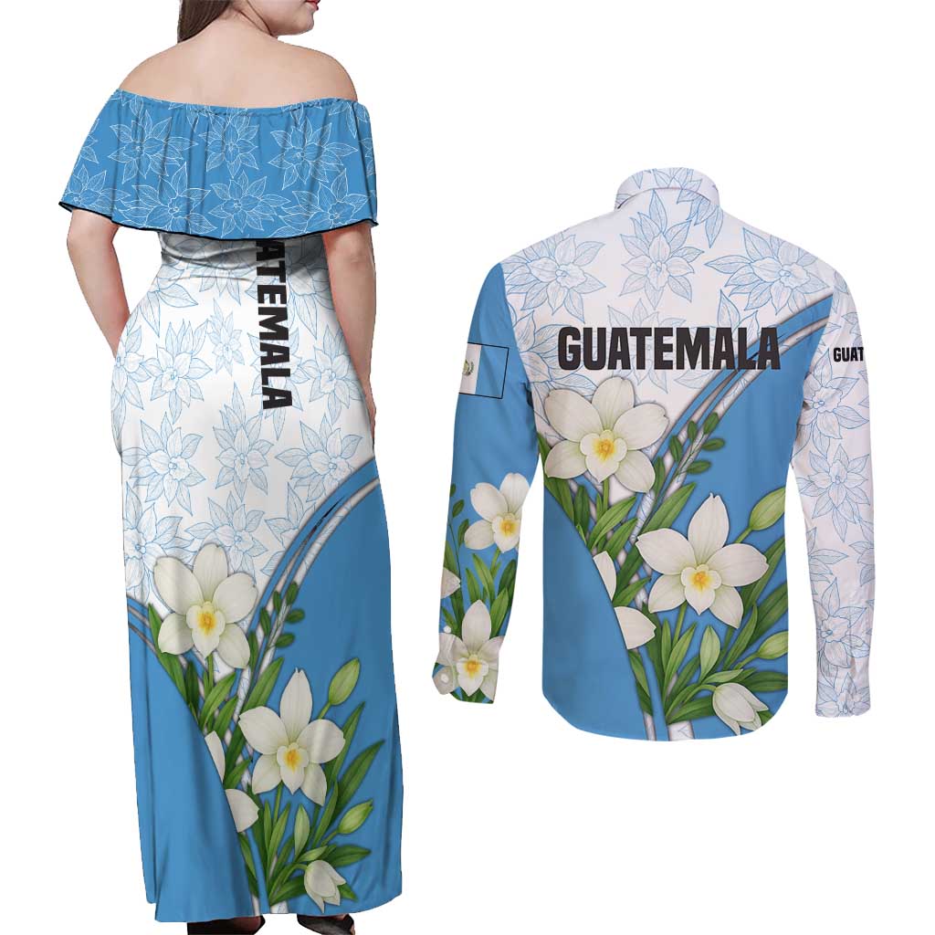 Guatemala White Monja Blanca Flower Couples Matching Off Shoulder Maxi Dress and Long Sleeve Button Shirt with Blue Flag Theme and Floral Pattern Design - Wonder Print Shop