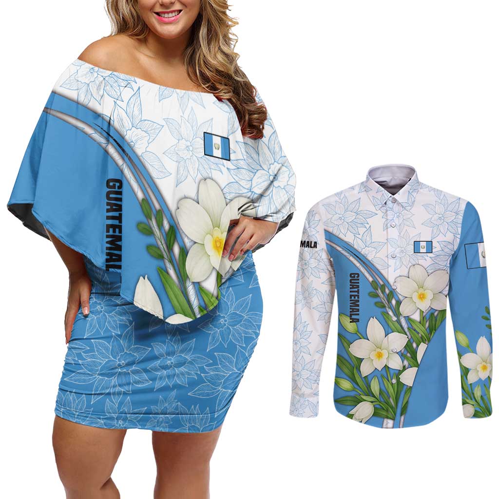 Guatemala White Monja Blanca Flower Couples Matching Off Shoulder Short Dress and Long Sleeve Button Shirt with Blue Flag Theme and Floral Pattern Design - Wonder Print Shop