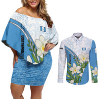 Guatemala White Monja Blanca Flower Couples Matching Off Shoulder Short Dress and Long Sleeve Button Shirt with Blue Flag Theme and Floral Pattern Design - Wonder Print Shop