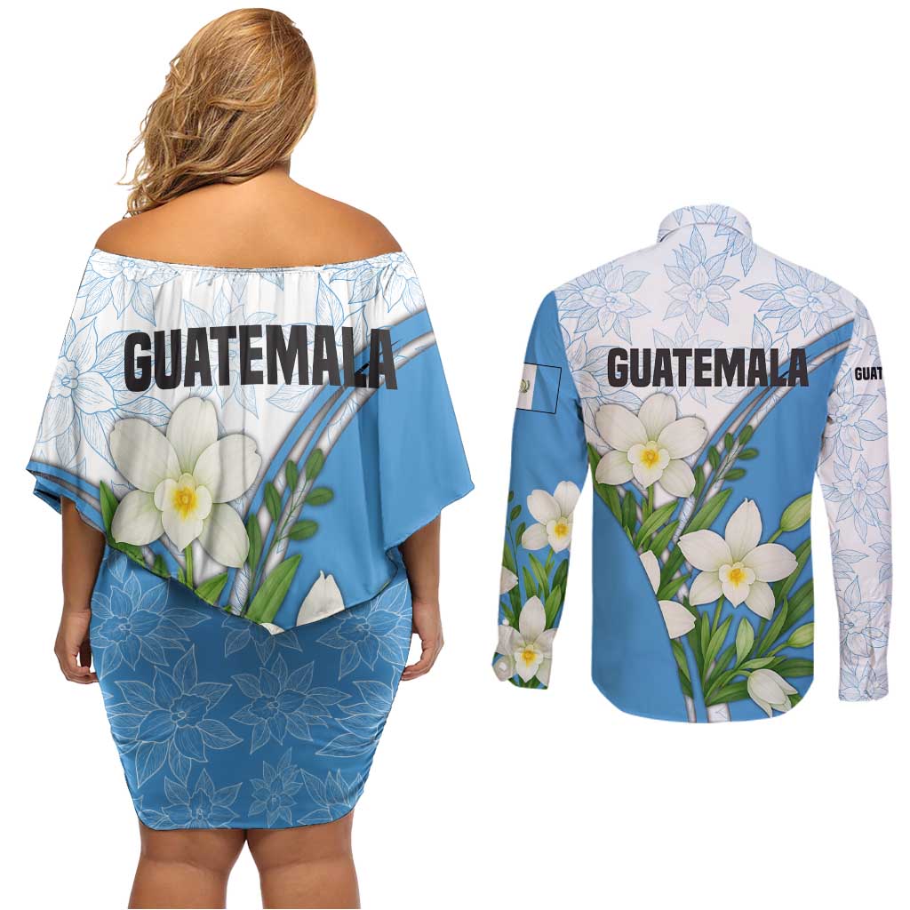 Guatemala White Monja Blanca Flower Couples Matching Off Shoulder Short Dress and Long Sleeve Button Shirt with Blue Flag Theme and Floral Pattern Design - Wonder Print Shop