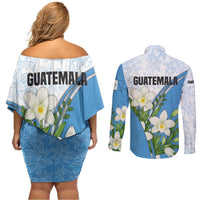 Guatemala White Monja Blanca Flower Couples Matching Off Shoulder Short Dress and Long Sleeve Button Shirt with Blue Flag Theme and Floral Pattern Design - Wonder Print Shop