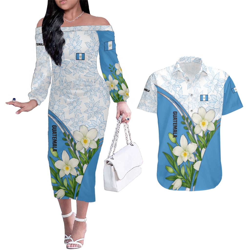 Guatemala White Monja Blanca Flower Couples Matching Off The Shoulder Long Sleeve Dress and Hawaiian Shirt with Blue Flag Theme and Floral Pattern Design - Wonder Print Shop