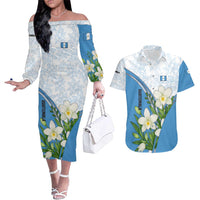 Guatemala White Monja Blanca Flower Couples Matching Off The Shoulder Long Sleeve Dress and Hawaiian Shirt with Blue Flag Theme and Floral Pattern Design - Wonder Print Shop