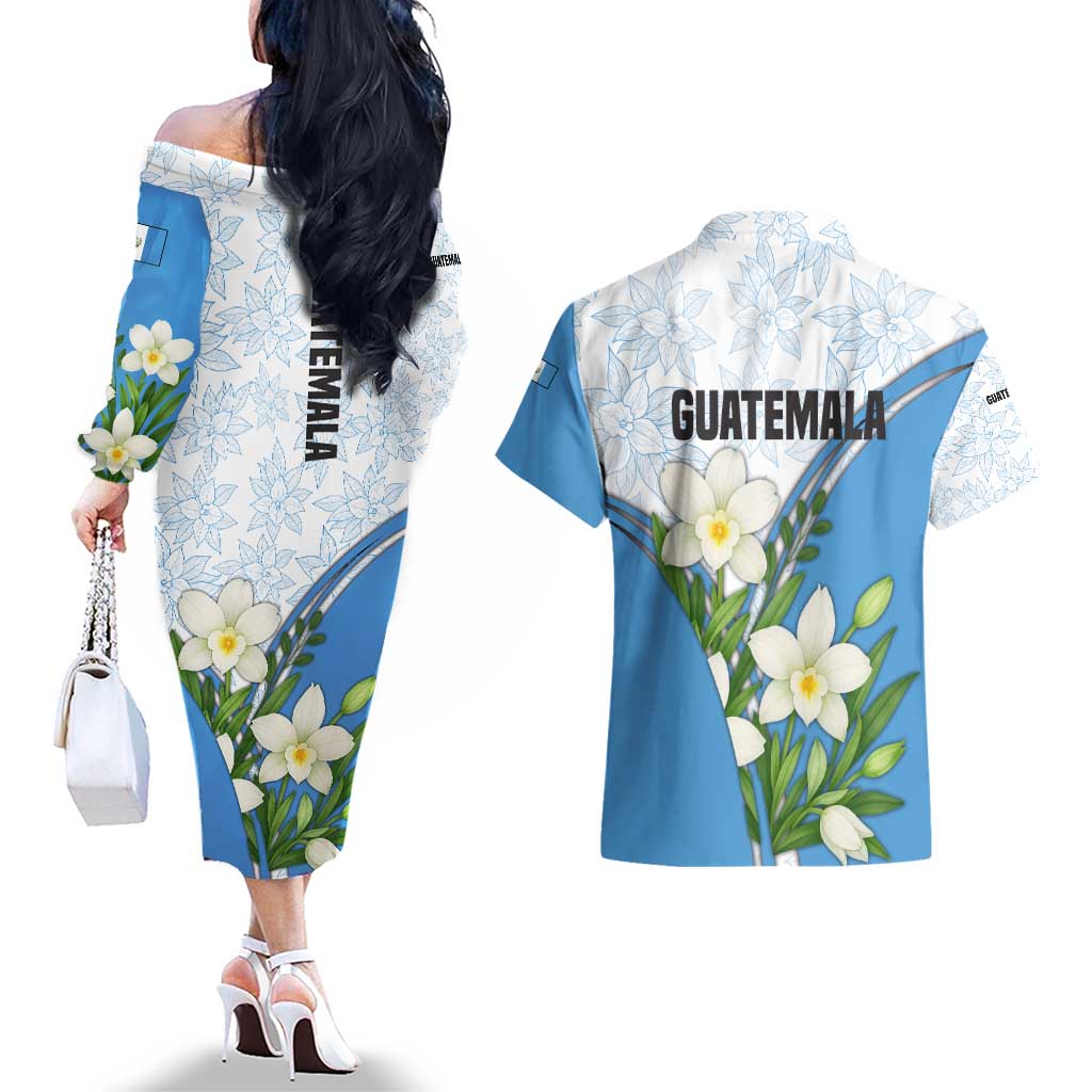 Guatemala White Monja Blanca Flower Couples Matching Off The Shoulder Long Sleeve Dress and Hawaiian Shirt with Blue Flag Theme and Floral Pattern Design - Wonder Print Shop