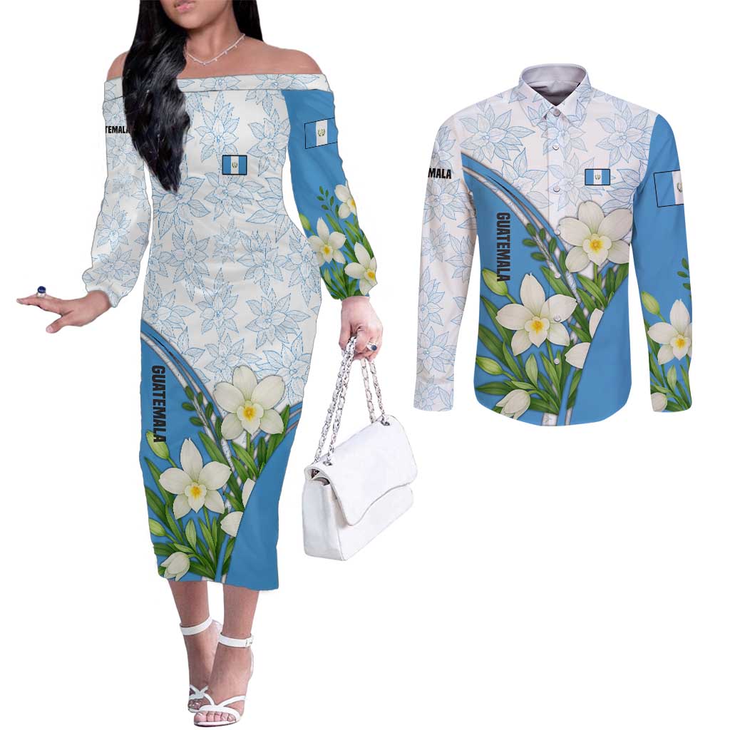 Guatemala White Monja Blanca Flower Couples Matching Off The Shoulder Long Sleeve Dress and Long Sleeve Button Shirt with Blue Flag Theme and Floral Pattern Design - Wonder Print Shop