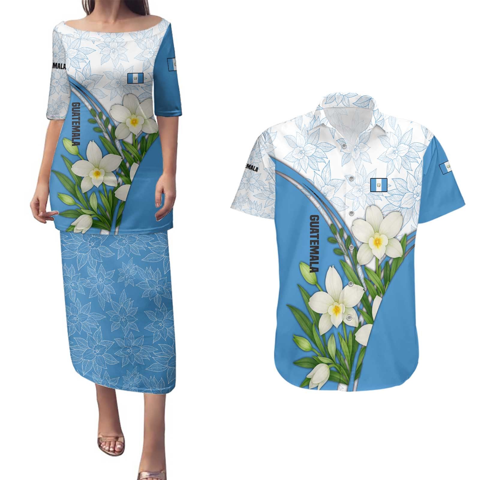 Guatemala White Monja Blanca Flower Couples Matching Puletasi and Hawaiian Shirt with Blue Flag Theme and Floral Pattern Design - Wonder Print Shop