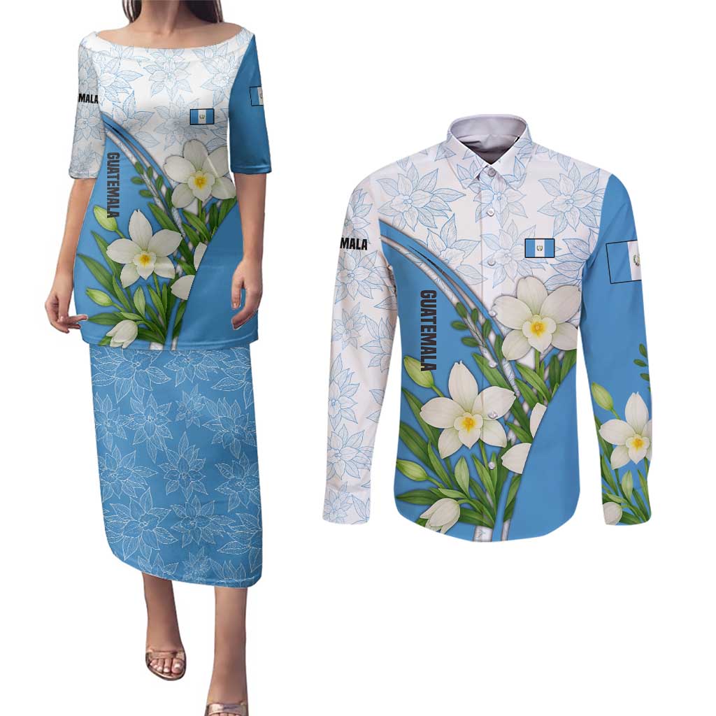 Guatemala White Monja Blanca Flower Couples Matching Puletasi and Long Sleeve Button Shirt with Blue Flag Theme and Floral Pattern Design - Wonder Print Shop