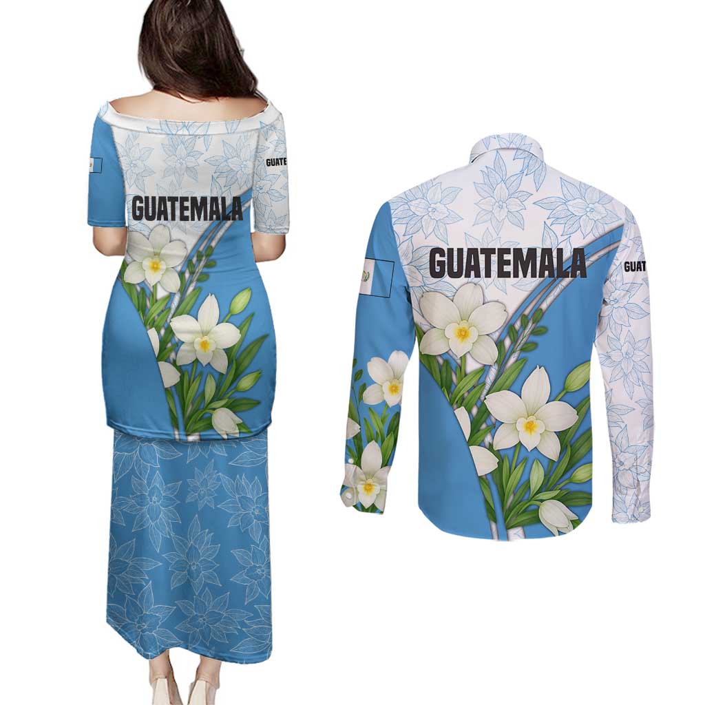 Guatemala White Monja Blanca Flower Couples Matching Puletasi and Long Sleeve Button Shirt with Blue Flag Theme and Floral Pattern Design - Wonder Print Shop