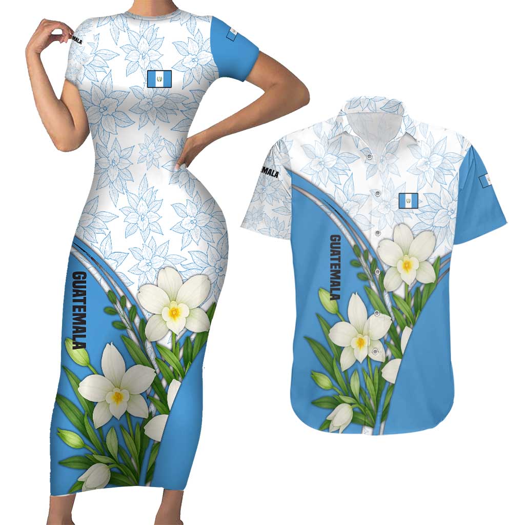 Guatemala White Monja Blanca Flower Couples Matching Short Sleeve Bodycon Dress and Hawaiian Shirt with Blue Flag Theme and Floral Pattern Design - Wonder Print Shop