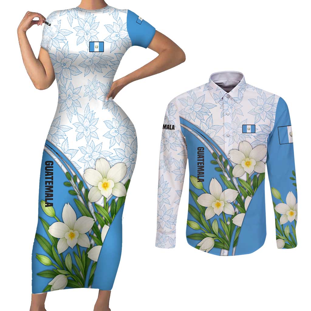 Guatemala White Monja Blanca Flower Couples Matching Short Sleeve Bodycon Dress and Long Sleeve Button Shirt with Blue Flag Theme and Floral Pattern Design - Wonder Print Shop