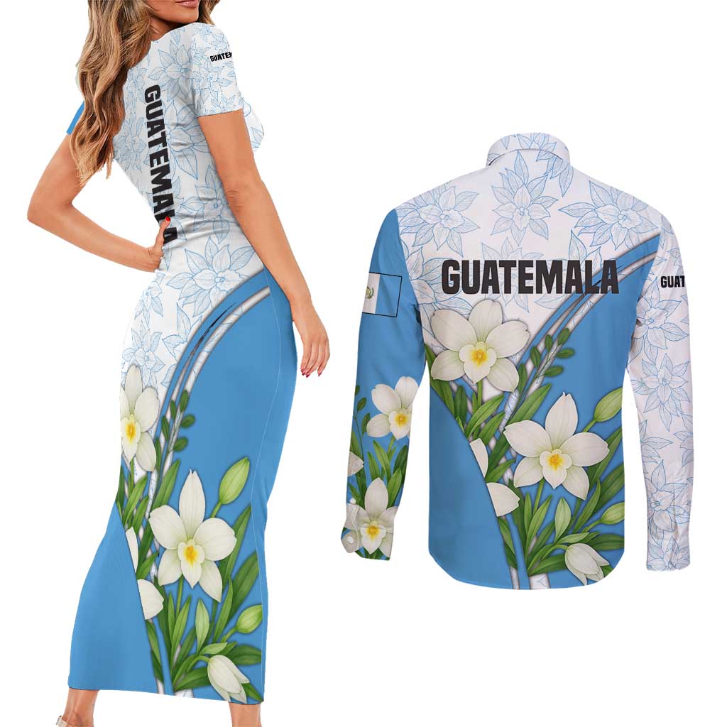 Guatemala White Monja Blanca Flower Couples Matching Short Sleeve Bodycon Dress and Long Sleeve Button Shirt with Blue Flag Theme and Floral Pattern Design - Wonder Print Shop