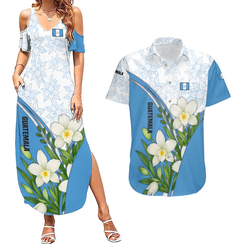 Guatemala White Monja Blanca Flower Couples Matching Summer Maxi Dress and Hawaiian Shirt with Blue Flag Theme and Floral Pattern Design - Wonder Print Shop