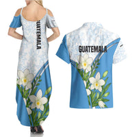 Guatemala White Monja Blanca Flower Couples Matching Summer Maxi Dress and Hawaiian Shirt with Blue Flag Theme and Floral Pattern Design - Wonder Print Shop