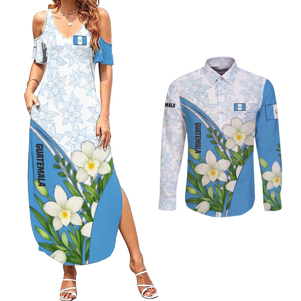 Guatemala White Monja Blanca Flower Couples Matching Summer Maxi Dress and Long Sleeve Button Shirt with Blue Flag Theme and Floral Pattern Design - Wonder Print Shop