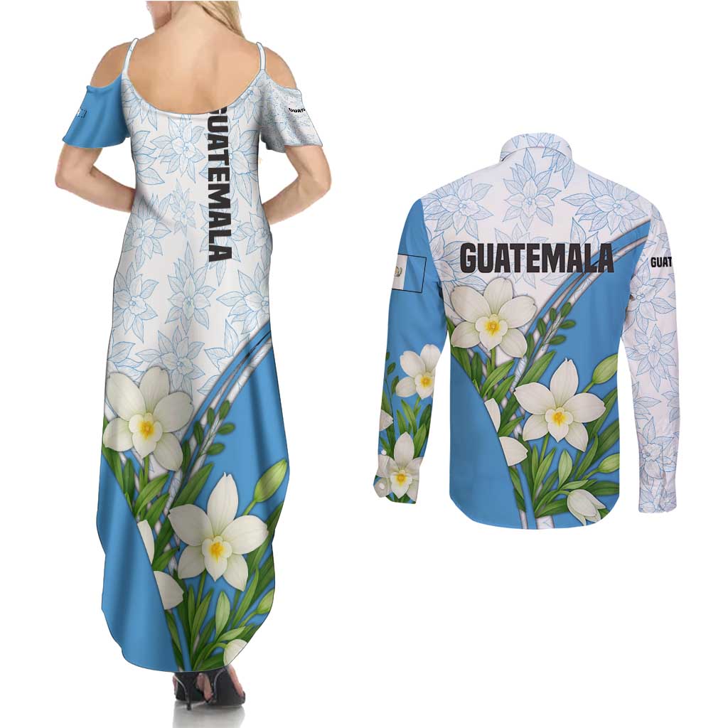 Guatemala White Monja Blanca Flower Couples Matching Summer Maxi Dress and Long Sleeve Button Shirt with Blue Flag Theme and Floral Pattern Design - Wonder Print Shop