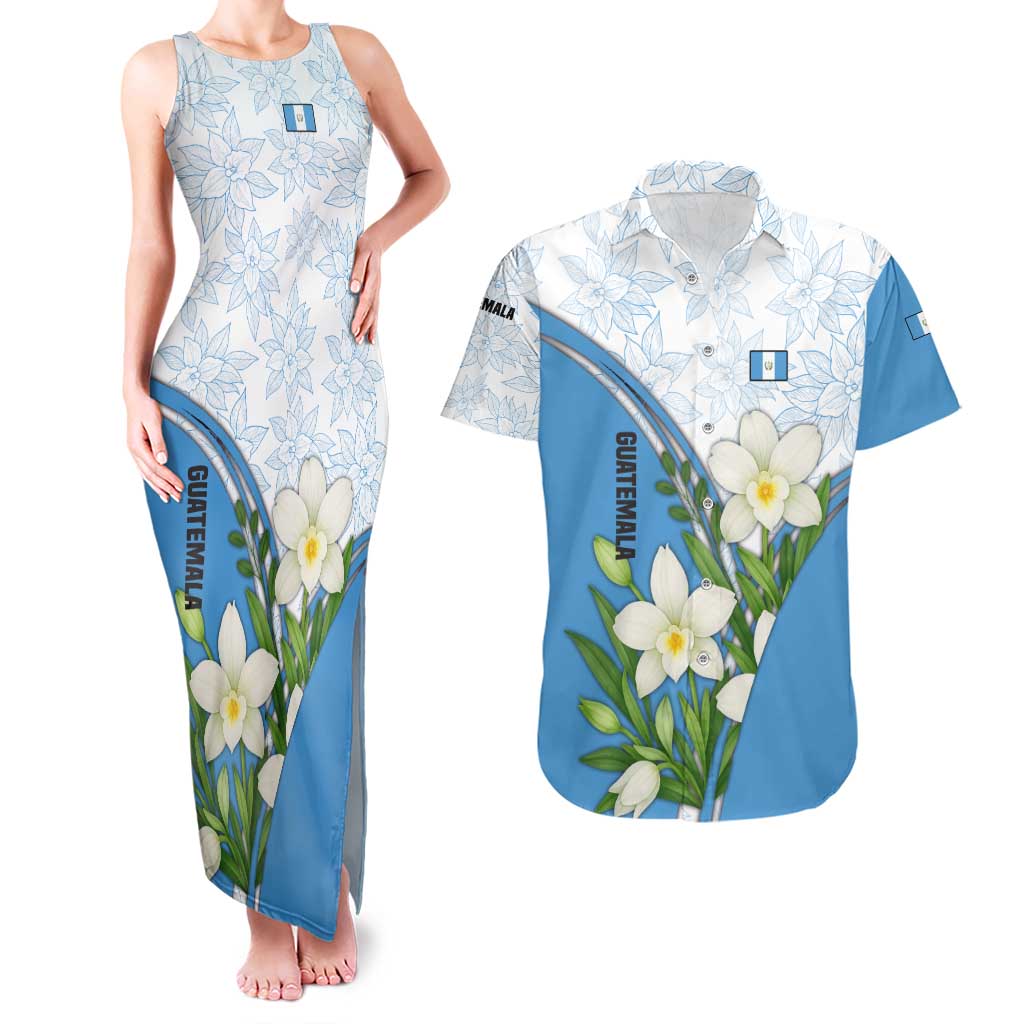 Guatemala White Monja Blanca Flower Couples Matching Tank Maxi Dress and Hawaiian Shirt with Blue Flag Theme and Floral Pattern Design - Wonder Print Shop