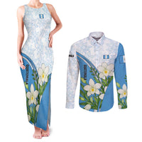 Guatemala White Monja Blanca Flower Couples Matching Tank Maxi Dress and Long Sleeve Button Shirt with Blue Flag Theme and Floral Pattern Design - Wonder Print Shop