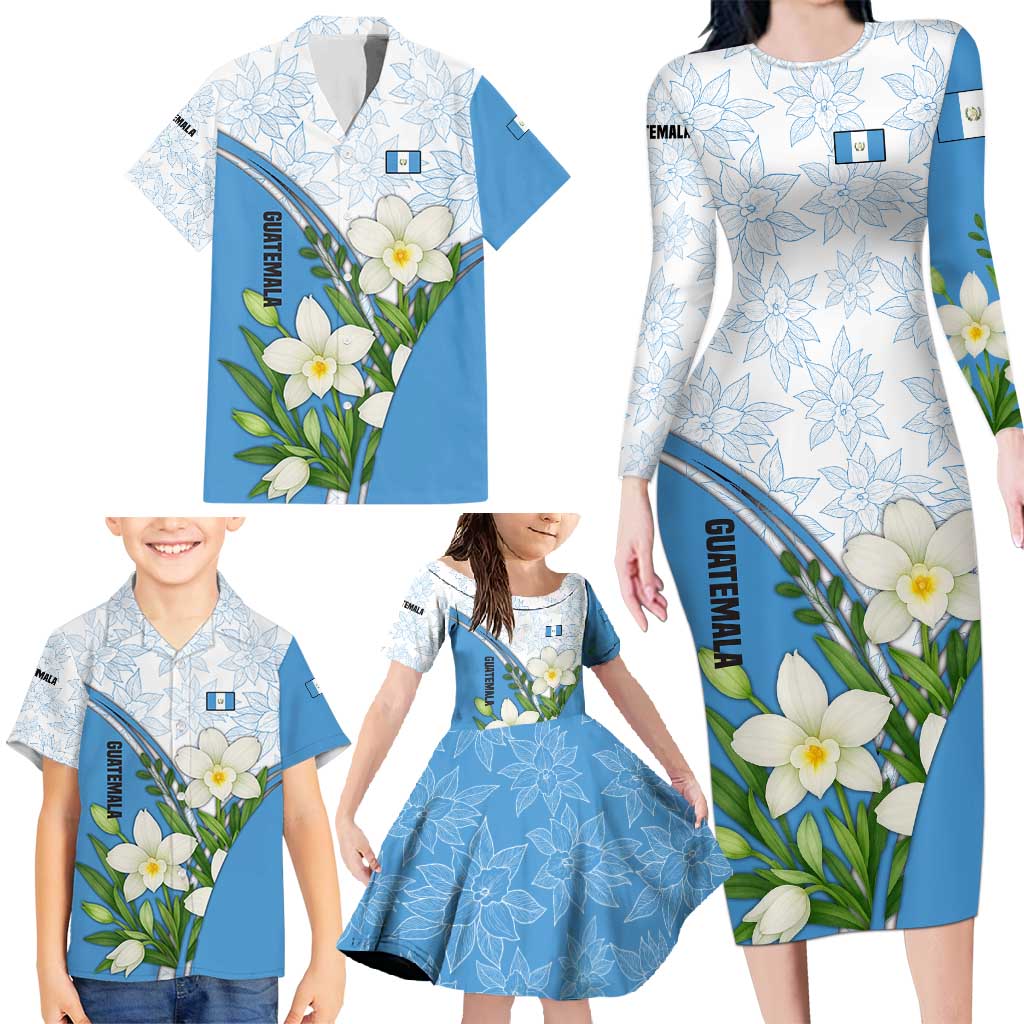 Guatemala White Monja Blanca Flower Family Matching Long Sleeve Bodycon Dress and Hawaiian Shirt with Blue Flag Theme and Floral Pattern Design - Wonder Print Shop