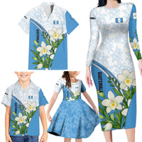 Guatemala White Monja Blanca Flower Family Matching Long Sleeve Bodycon Dress and Hawaiian Shirt with Blue Flag Theme and Floral Pattern Design - Wonder Print Shop