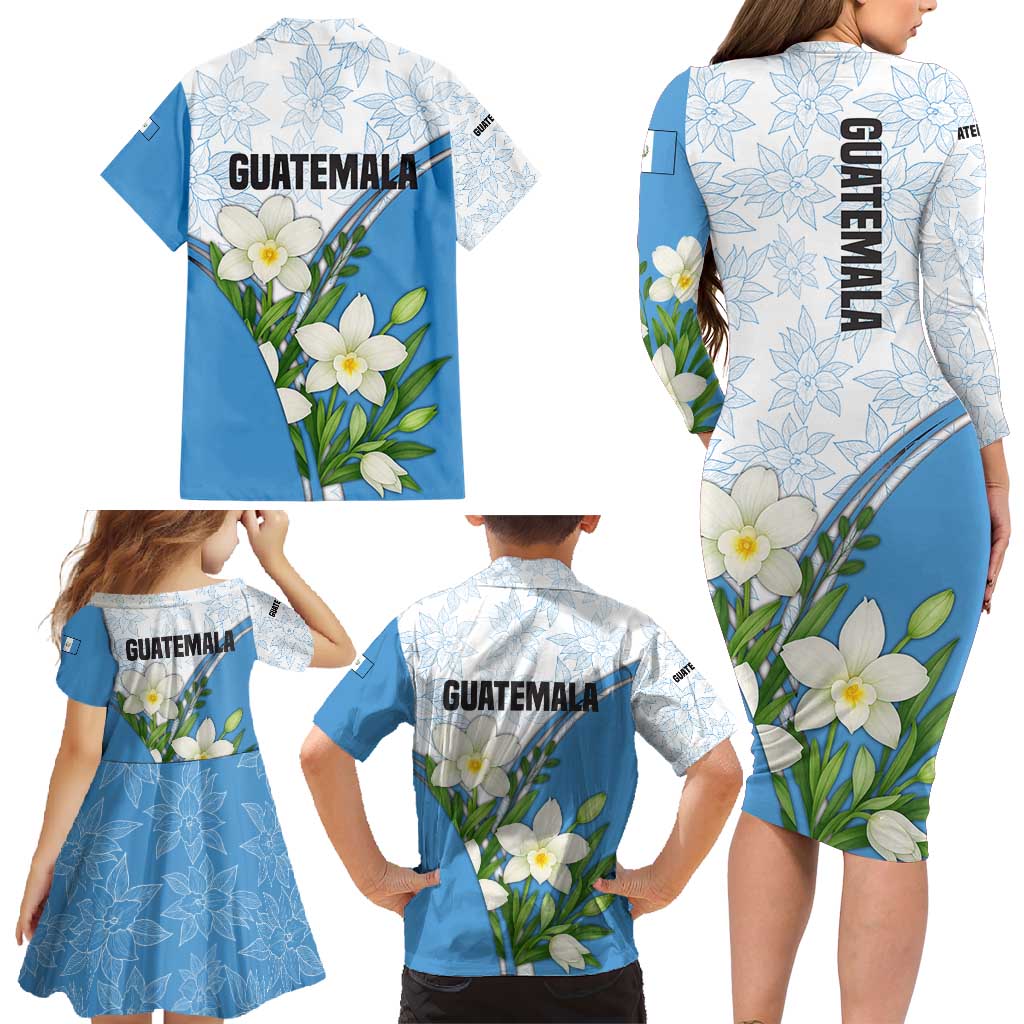 Guatemala White Monja Blanca Flower Family Matching Long Sleeve Bodycon Dress and Hawaiian Shirt with Blue Flag Theme and Floral Pattern Design - Wonder Print Shop