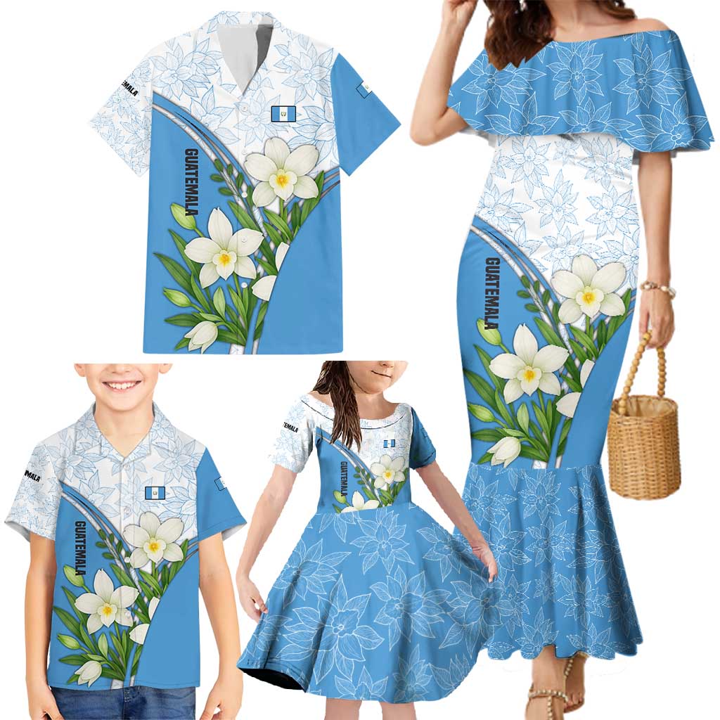 Guatemala White Monja Blanca Flower Family Matching Mermaid Dress and Hawaiian Shirt with Blue Flag Theme and Floral Pattern Design - Wonder Print Shop