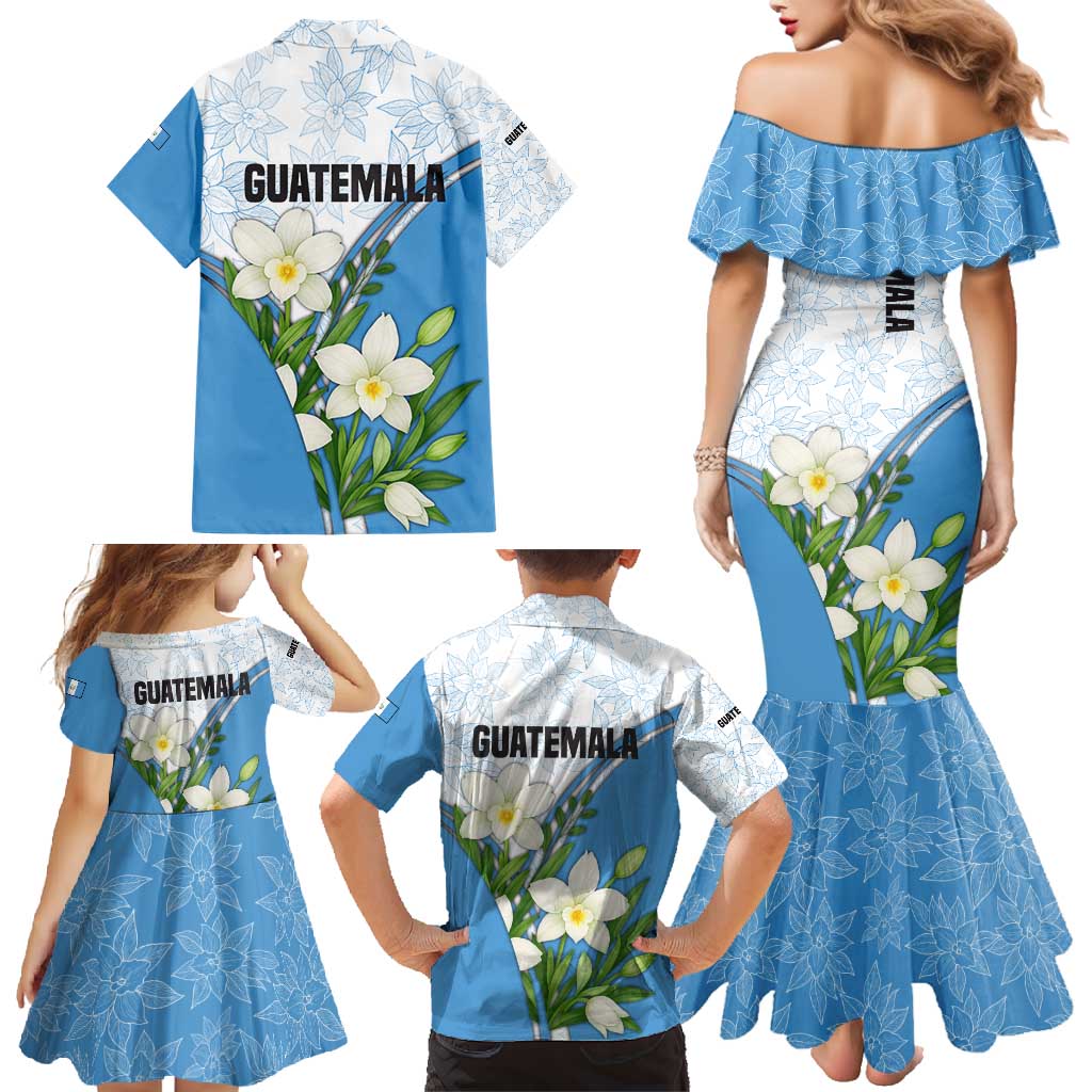 Guatemala White Monja Blanca Flower Family Matching Mermaid Dress and Hawaiian Shirt with Blue Flag Theme and Floral Pattern Design - Wonder Print Shop