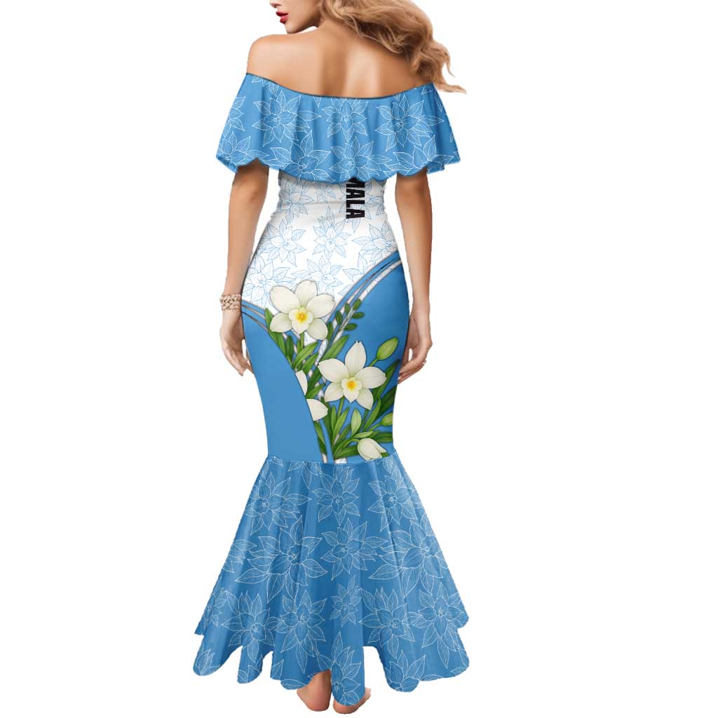 Guatemala White Monja Blanca Flower Family Matching Mermaid Dress and Hawaiian Shirt with Blue Flag Theme and Floral Pattern Design - Wonder Print Shop