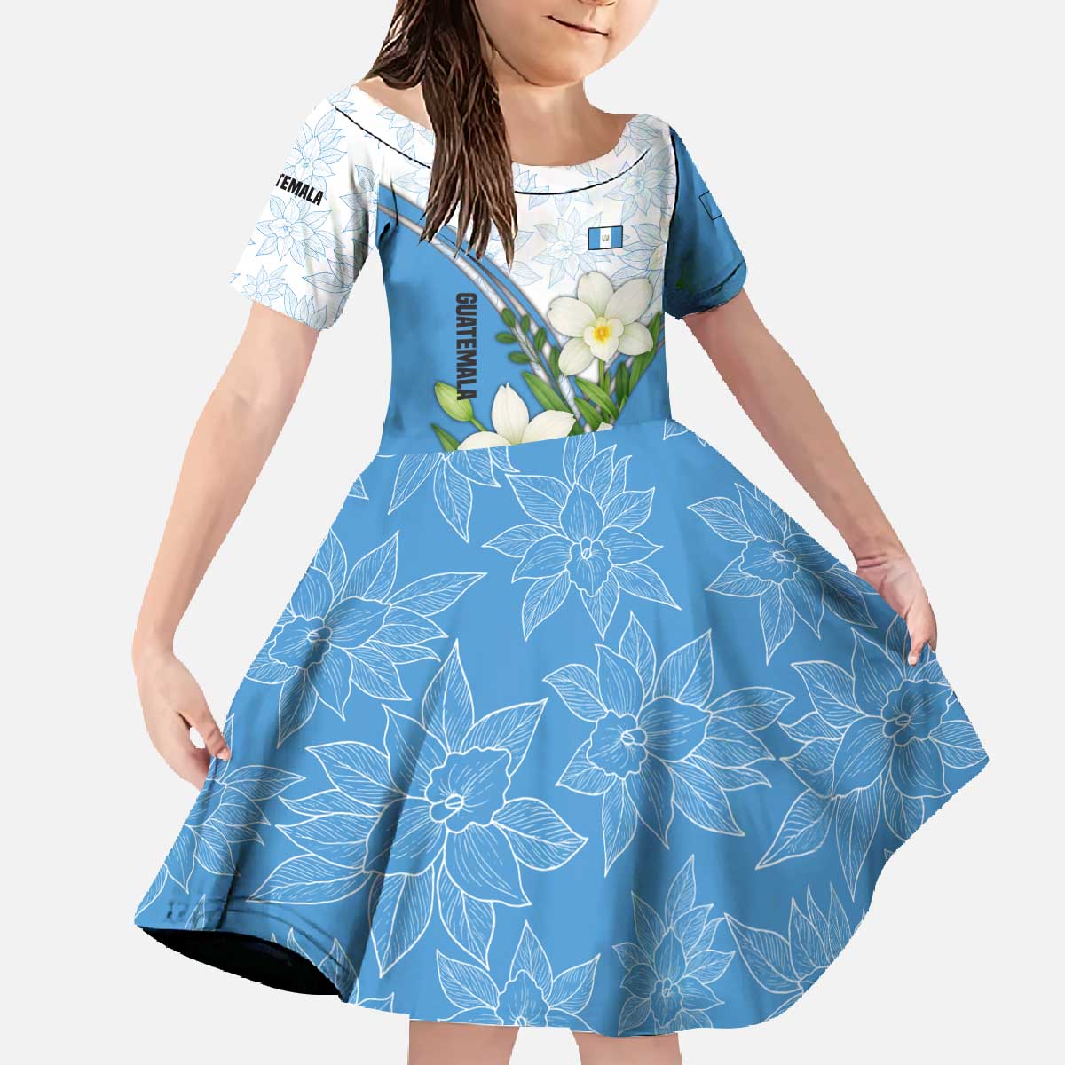 Guatemala White Monja Blanca Flower Family Matching Off The Shoulder Long Sleeve Dress and Hawaiian Shirt with Blue Flag Theme and Floral Pattern Design - Wonder Print Shop