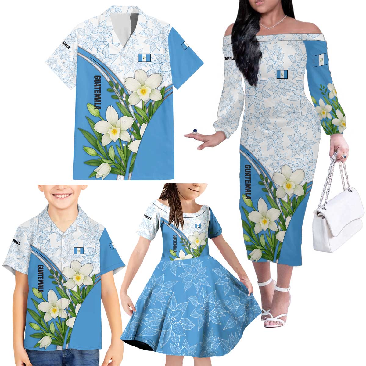 Guatemala White Monja Blanca Flower Family Matching Off The Shoulder Long Sleeve Dress and Hawaiian Shirt with Blue Flag Theme and Floral Pattern Design - Wonder Print Shop