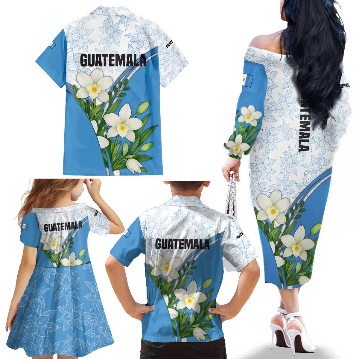 Guatemala White Monja Blanca Flower Family Matching Off The Shoulder Long Sleeve Dress and Hawaiian Shirt with Blue Flag Theme and Floral Pattern Design - Wonder Print Shop