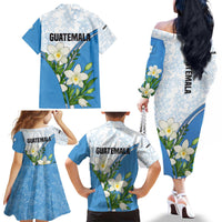 Guatemala White Monja Blanca Flower Family Matching Off The Shoulder Long Sleeve Dress and Hawaiian Shirt with Blue Flag Theme and Floral Pattern Design - Wonder Print Shop