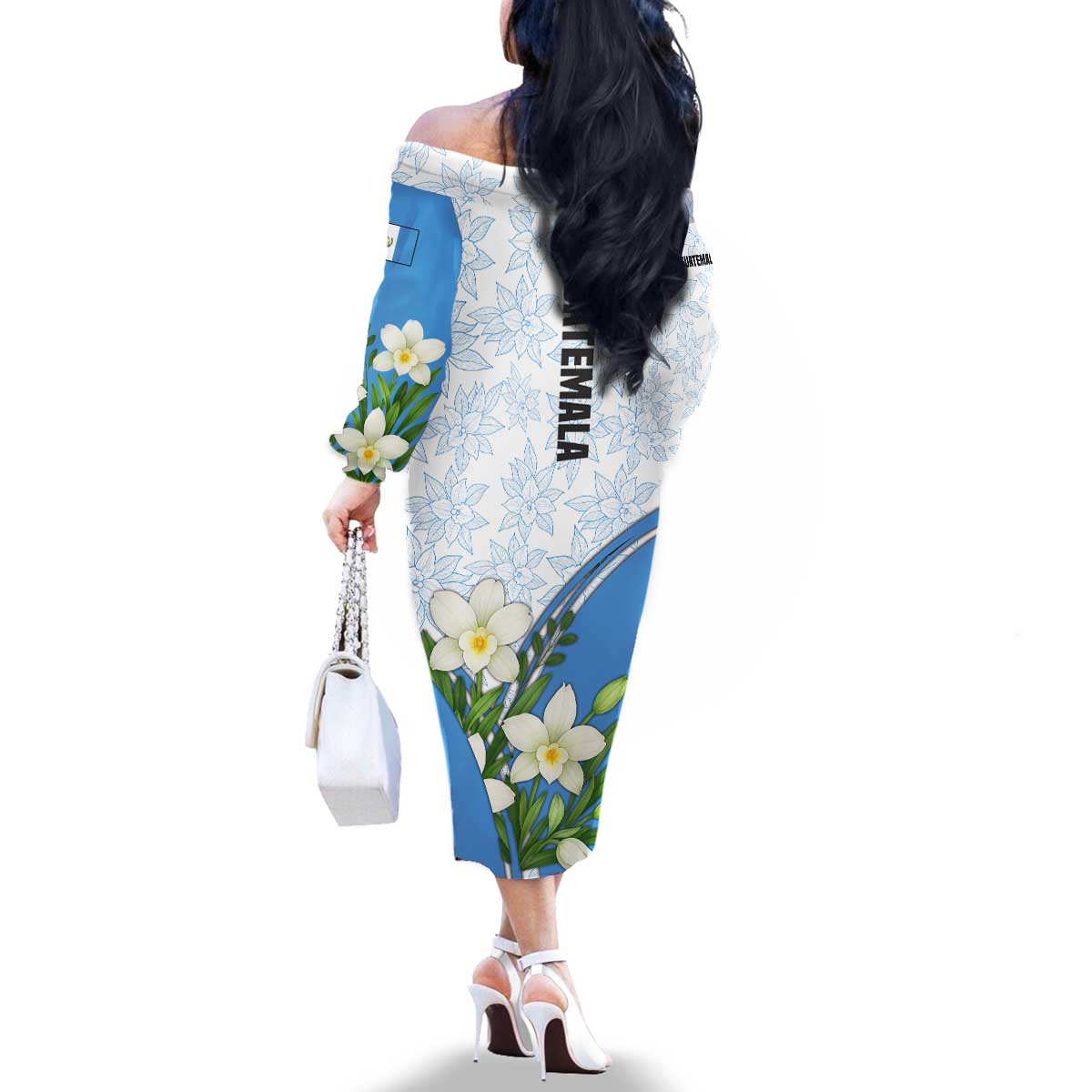 Guatemala White Monja Blanca Flower Family Matching Off The Shoulder Long Sleeve Dress and Hawaiian Shirt with Blue Flag Theme and Floral Pattern Design - Wonder Print Shop
