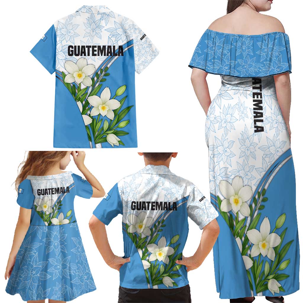 Guatemala White Monja Blanca Flower Family Matching Off Shoulder Maxi Dress and Hawaiian Shirt with Blue Flag Theme and Floral Pattern Design - Wonder Print Shop