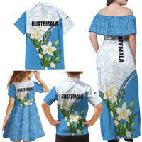 Guatemala White Monja Blanca Flower Family Matching Off Shoulder Maxi Dress and Hawaiian Shirt with Blue Flag Theme and Floral Pattern Design - Wonder Print Shop