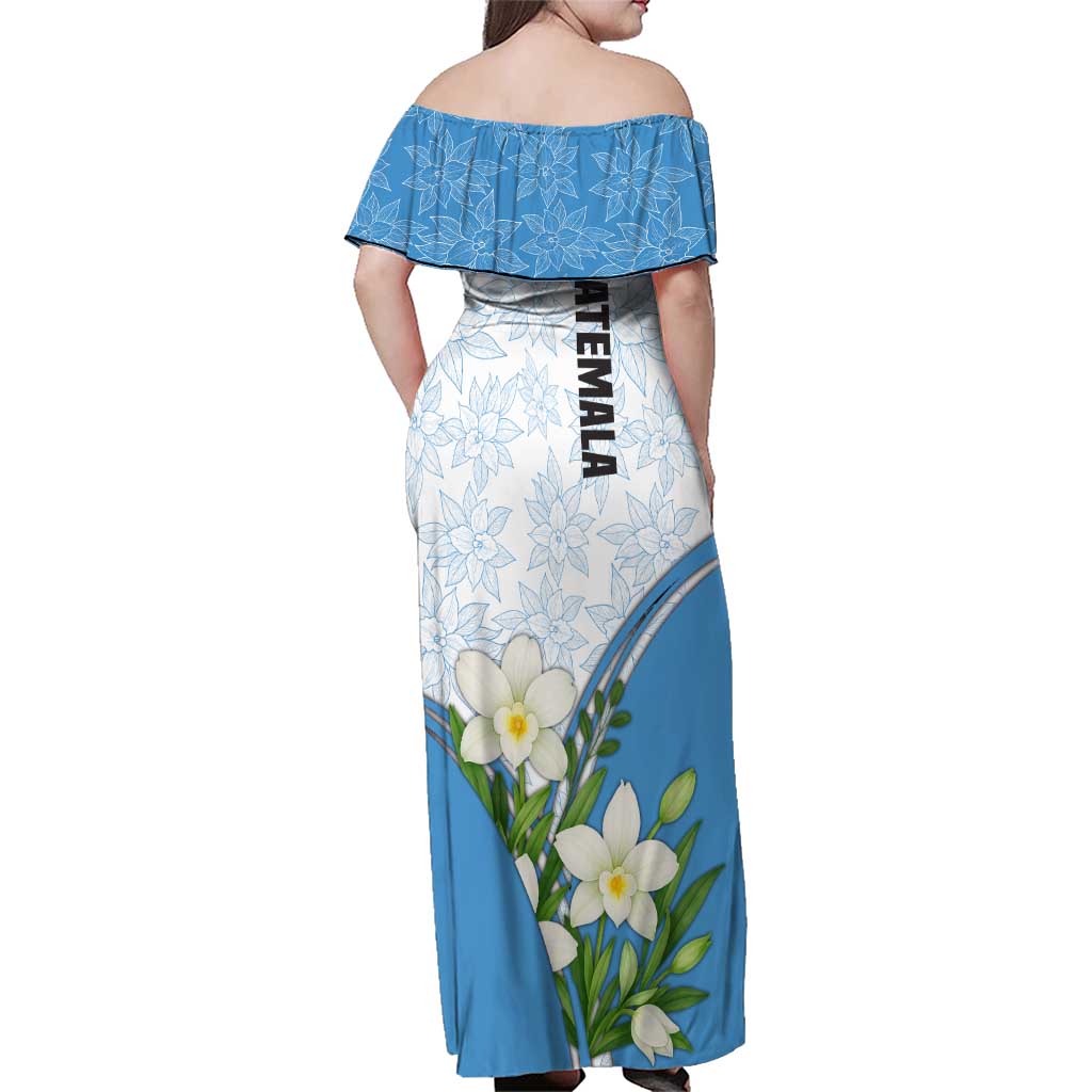 Guatemala White Monja Blanca Flower Family Matching Off Shoulder Maxi Dress and Hawaiian Shirt with Blue Flag Theme and Floral Pattern Design - Wonder Print Shop