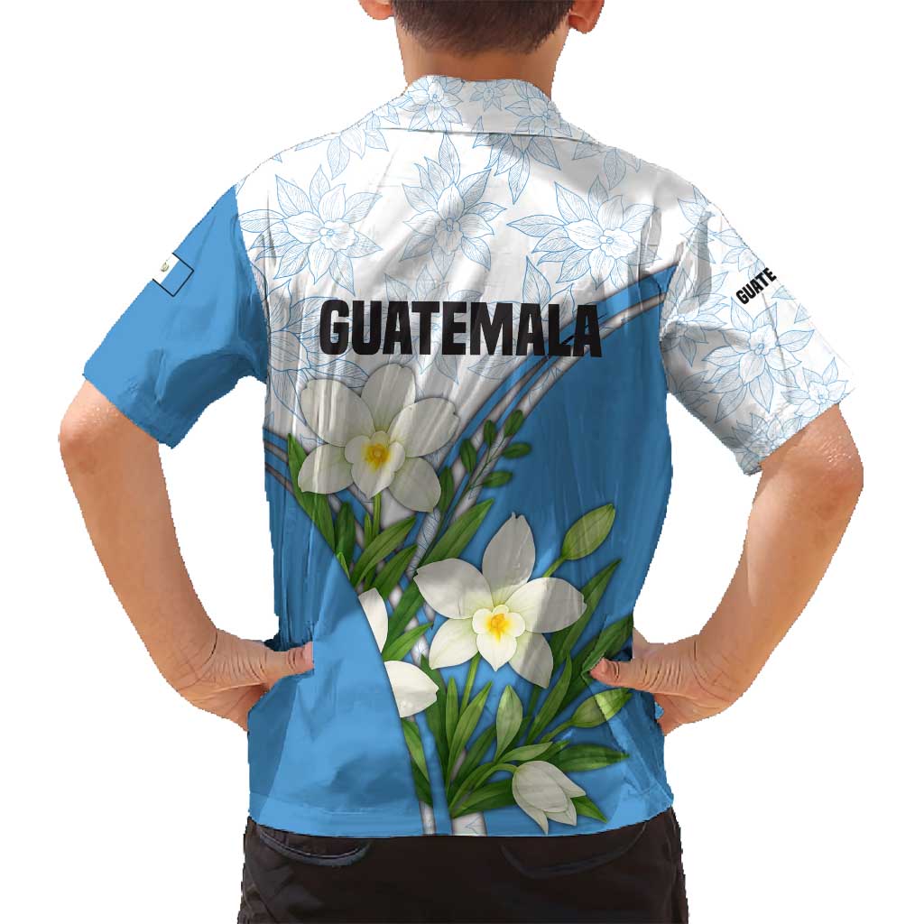 Guatemala White Monja Blanca Flower Family Matching Off Shoulder Short Dress and Hawaiian Shirt with Blue Flag Theme and Floral Pattern Design - Wonder Print Shop