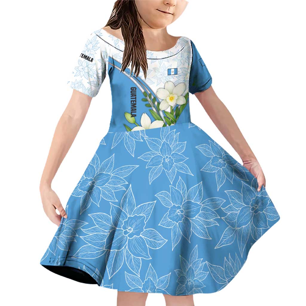 Guatemala White Monja Blanca Flower Family Matching Off Shoulder Short Dress and Hawaiian Shirt with Blue Flag Theme and Floral Pattern Design - Wonder Print Shop