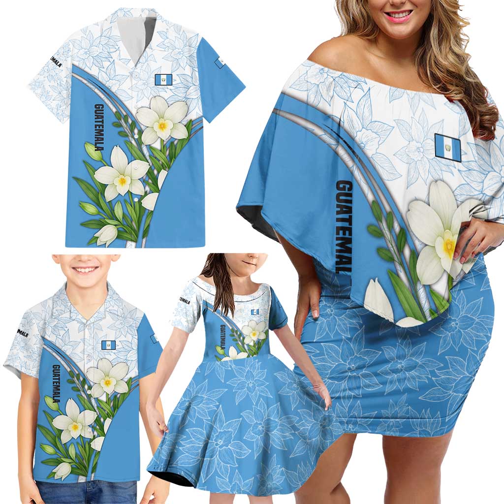 Guatemala White Monja Blanca Flower Family Matching Off Shoulder Short Dress and Hawaiian Shirt with Blue Flag Theme and Floral Pattern Design - Wonder Print Shop