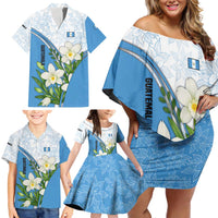 Guatemala White Monja Blanca Flower Family Matching Off Shoulder Short Dress and Hawaiian Shirt with Blue Flag Theme and Floral Pattern Design - Wonder Print Shop