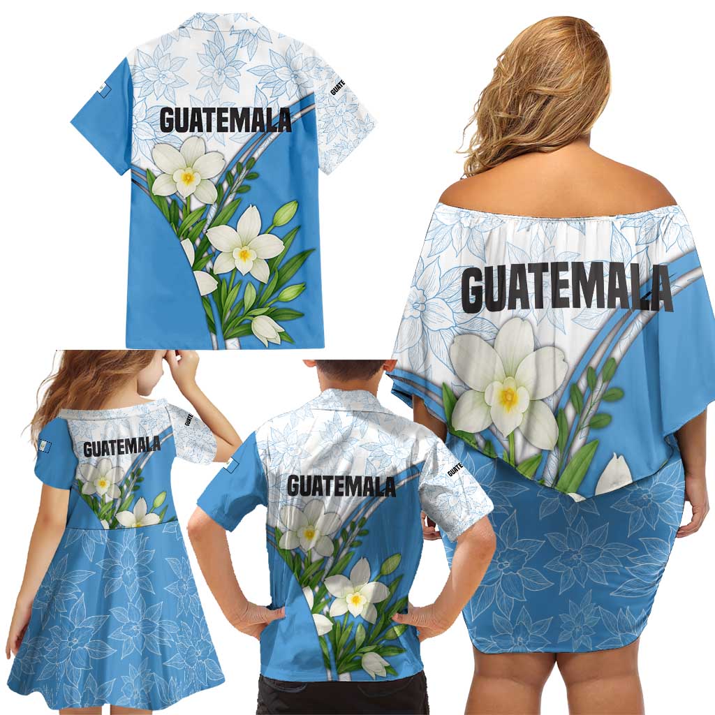 Guatemala White Monja Blanca Flower Family Matching Off Shoulder Short Dress and Hawaiian Shirt with Blue Flag Theme and Floral Pattern Design - Wonder Print Shop